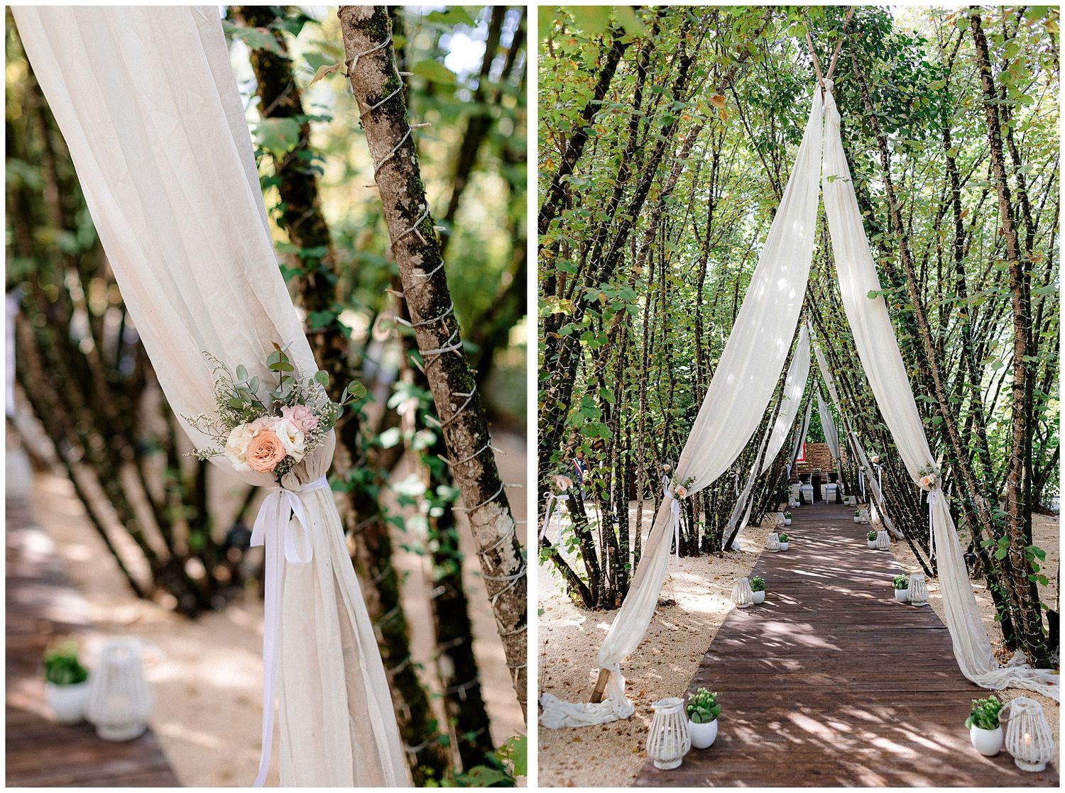 White sheer curtains drape elegantly along a tree-lined pathway creating a romantic outdoor wedding ceremony aisle.