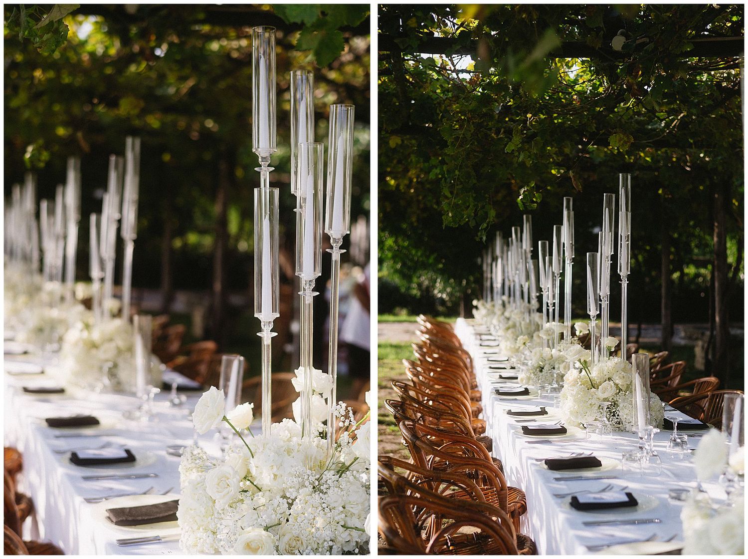 Elegant outdoor wedding reception tables decorated with white floral centerpieces and navy blue place settings.