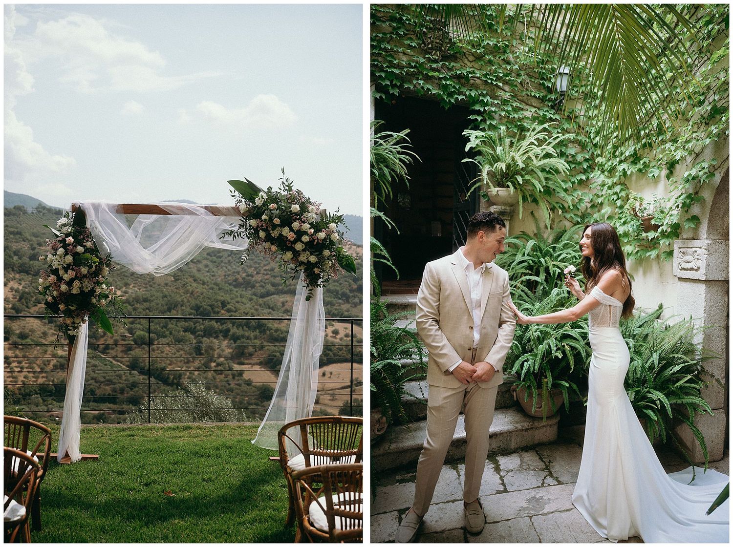 A rustic outdoor wedding setup with mountain views and floral arch next to an intimate patio first look moment in a lush garden.