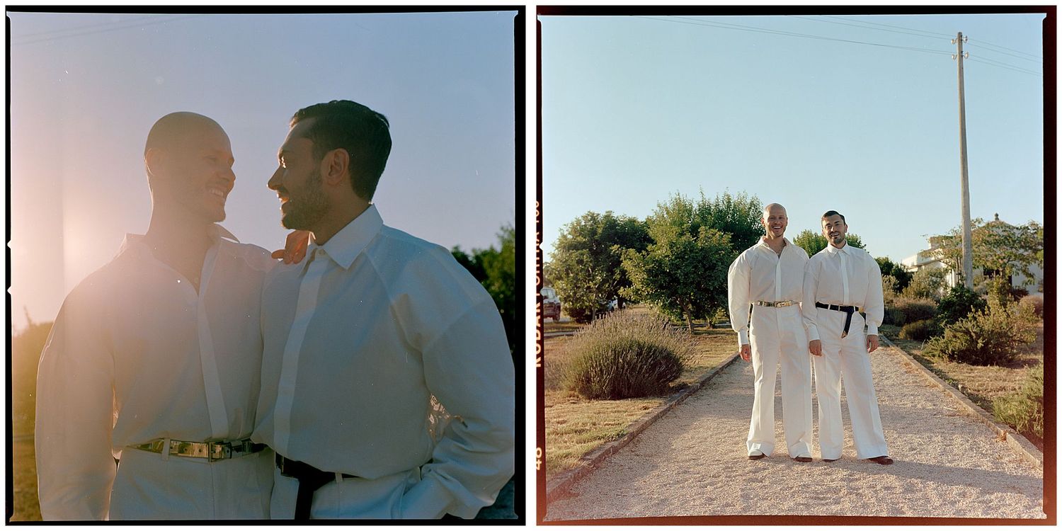 Two intimate side-by-side photos show couples in white outfits embracing on outdoor paths during golden sunset moments.