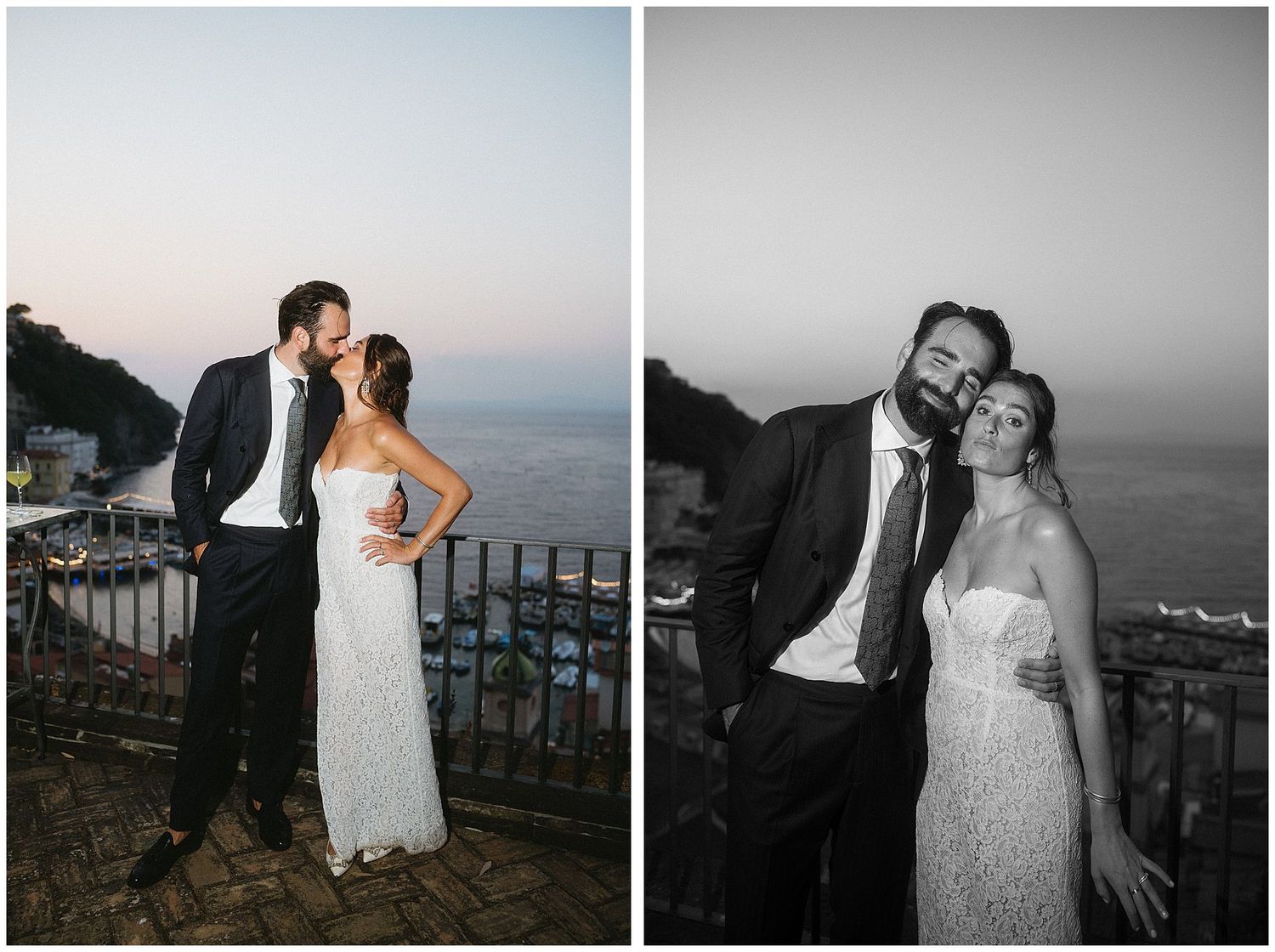 A couple shares an intimate moment on an ocean view terrace at sunset in both color and black and white photos.