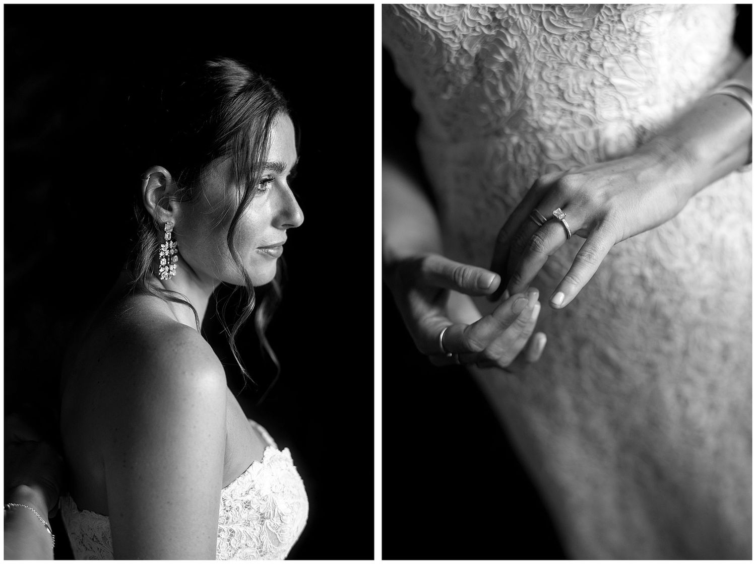 Two black and white wedding photos showing a side profile in elegant dress and a close-up of hands exchanging rings.