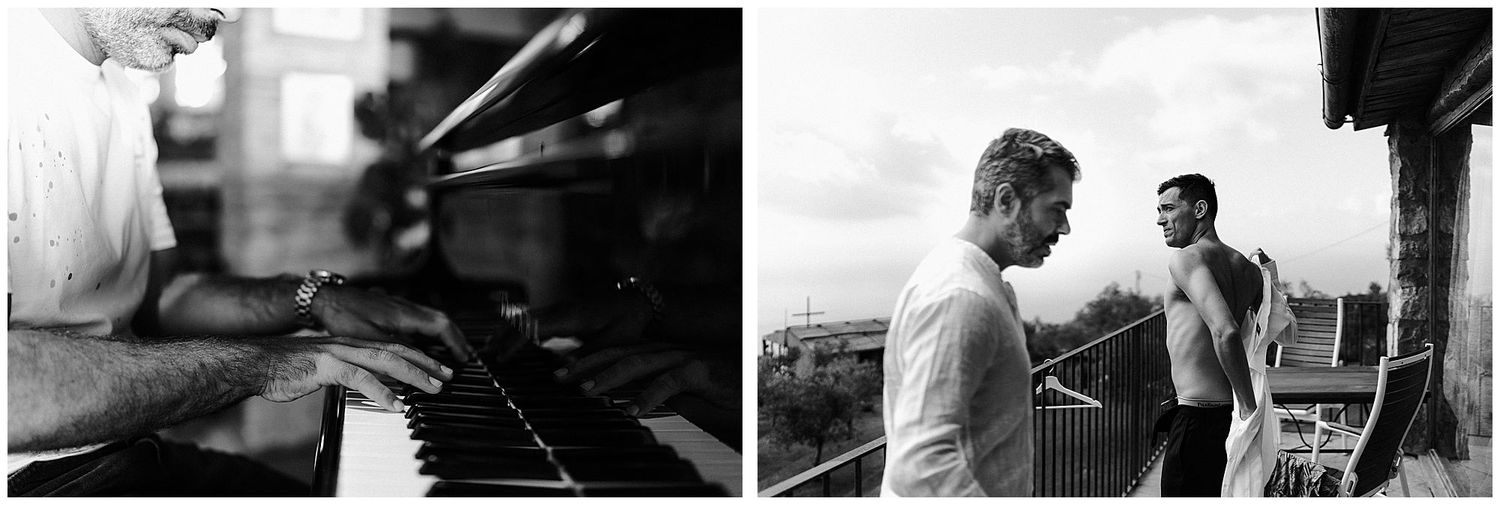 A close-up of hands playing piano keys and a candid black and white conversation between two people outdoors.