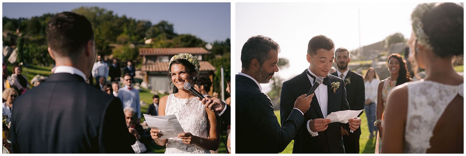 Wedding guests gather outdoors at a sunny venue with mountains in the background for an intimate ceremony.
