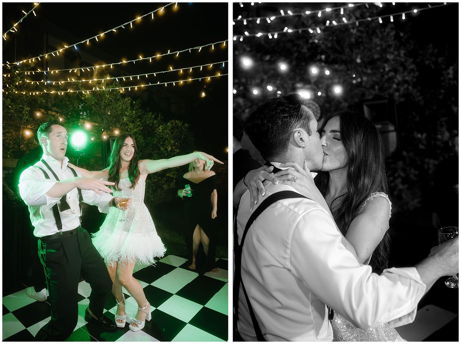 People dance together under twinkling string lights on a black and white checkered dance floor creating a vintage party atmosphere.