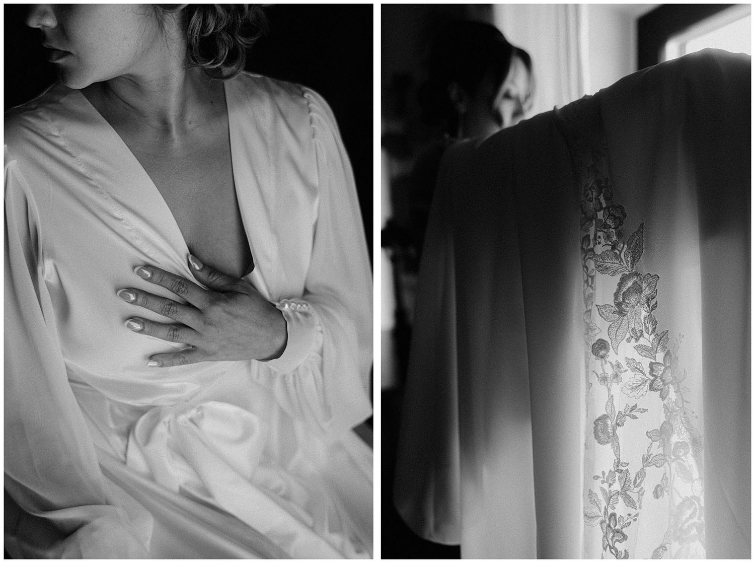 Two black and white artistic photographs showing intimate details of a white shirt and decorative tattoo art in low light.