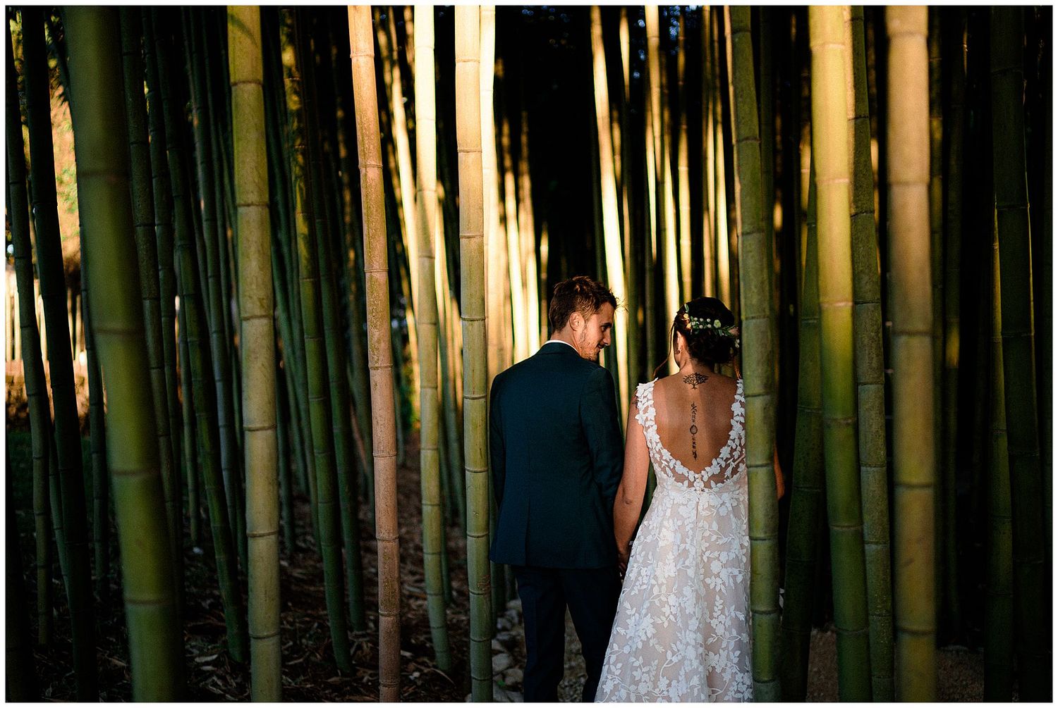 A couple stands between tall bamboo stalks in an intimate wedding photo.