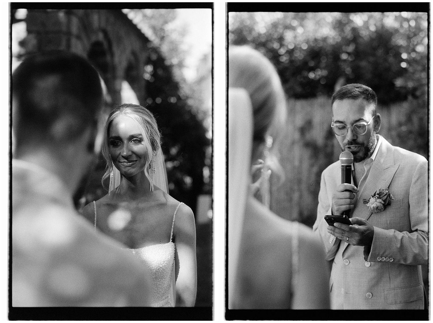 Black and white wedding ceremony moments captured during heartfelt vows in an outdoor garden setting.