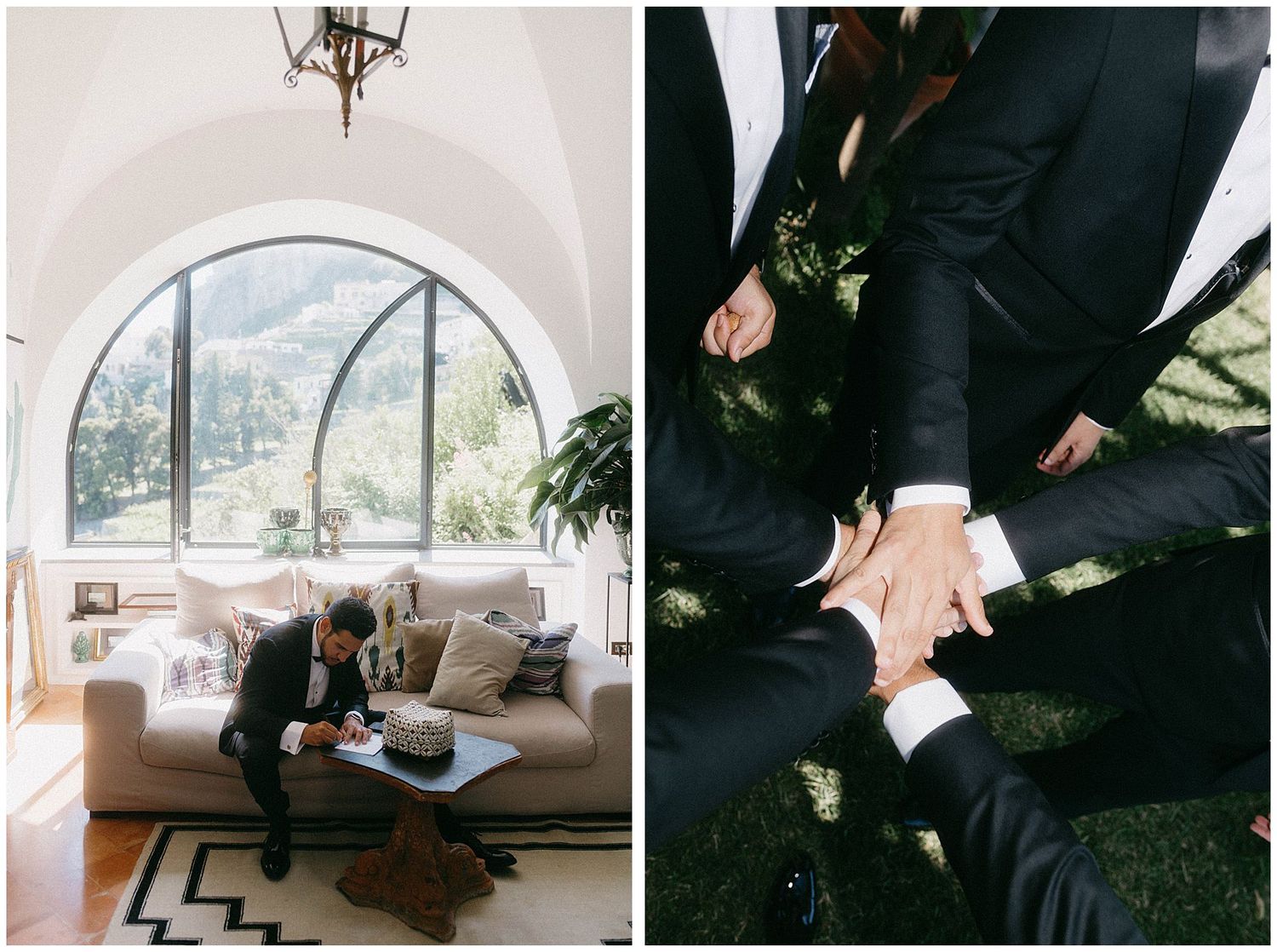 Split image showing a sunlit living room with arched window alongside clasped hands in formal attire.