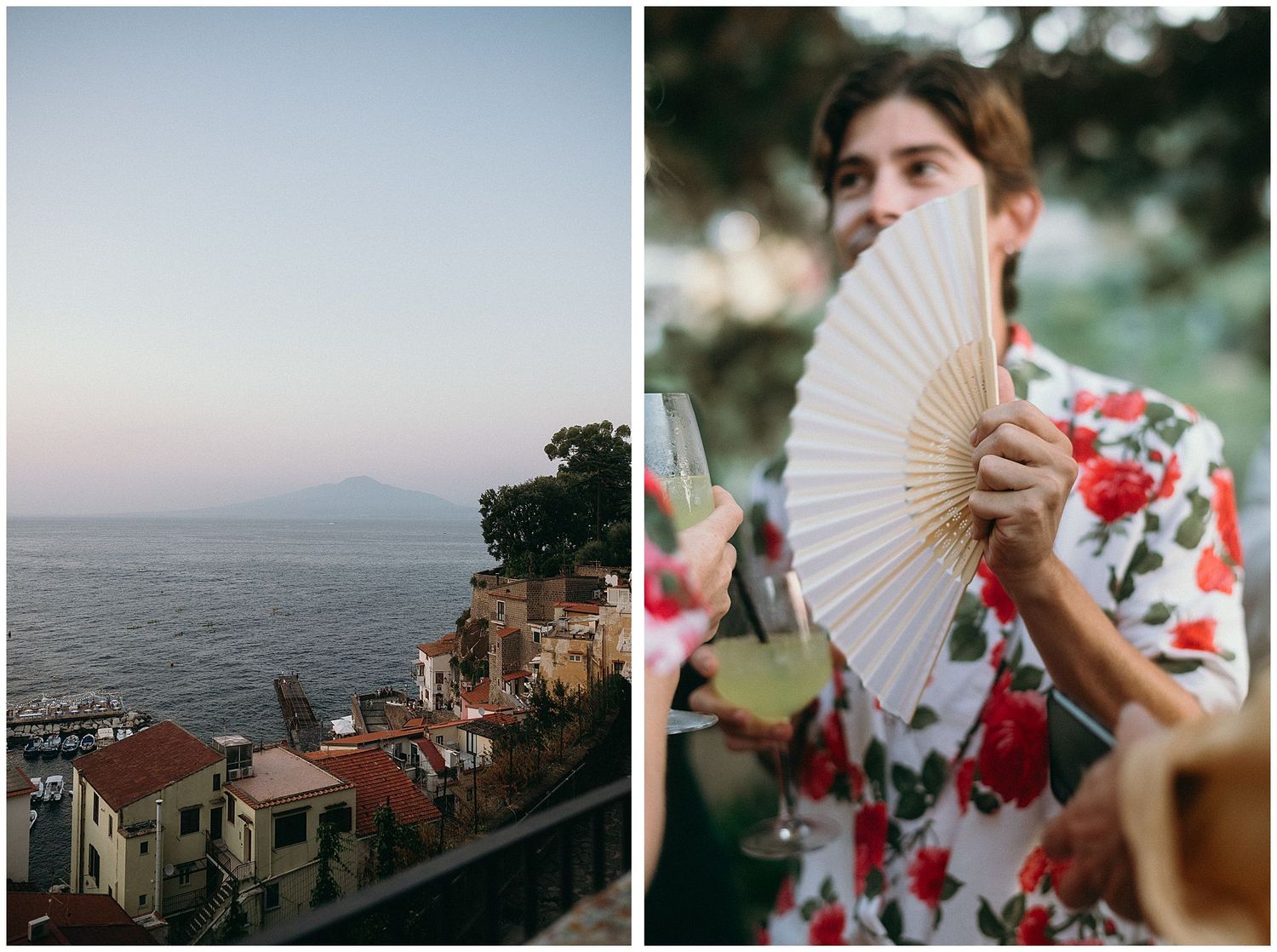 Two contrasting images: coastal cityscape at sunset and a figure holding a white paper fan in a floral dress.