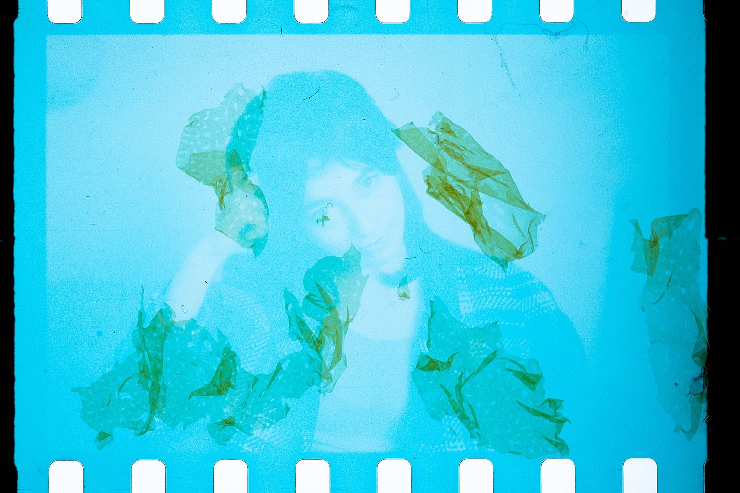 A vintage film frame shows an ethereal blue silhouette surrounded by green leaves against a bright turquoise background.