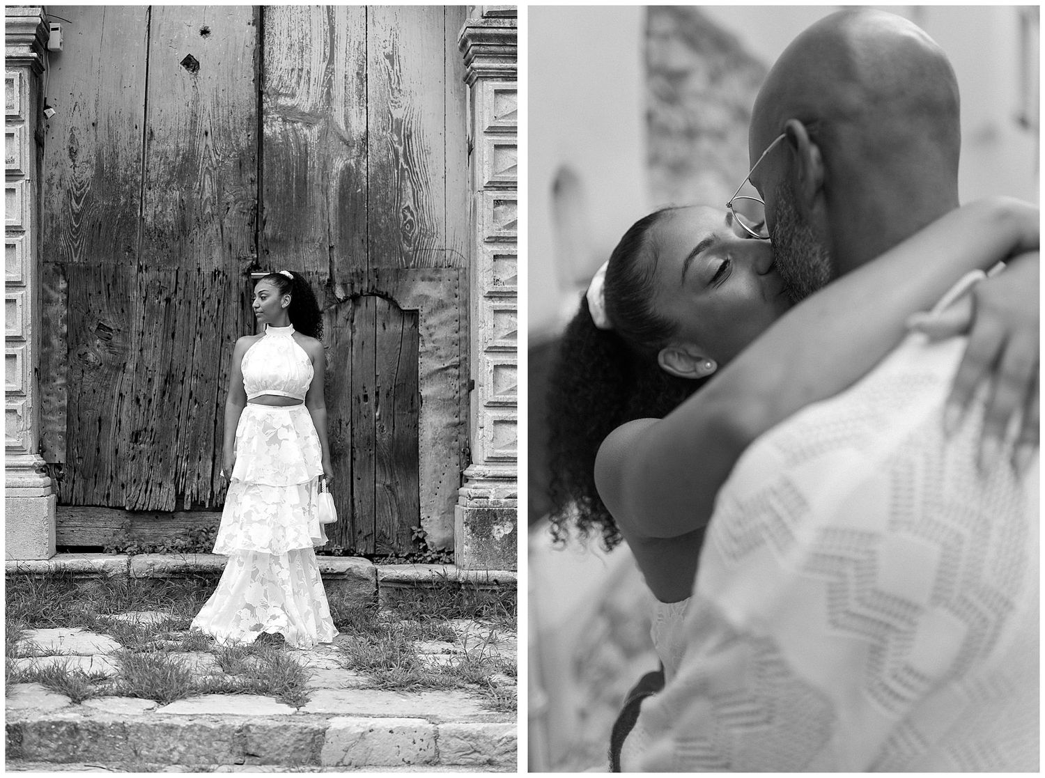 A black and white wedding photography diptych featuring romantic moments against rustic and urban backgrounds.