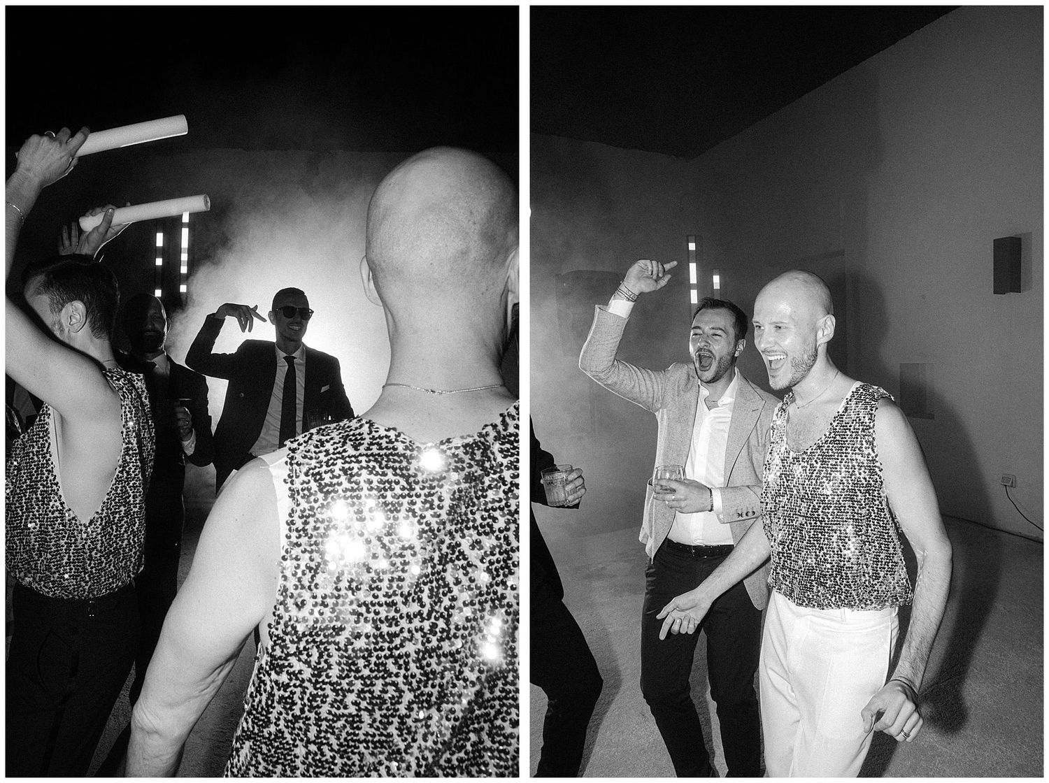 Black and white photos show revelers in sparkly outfits dancing together at a party.