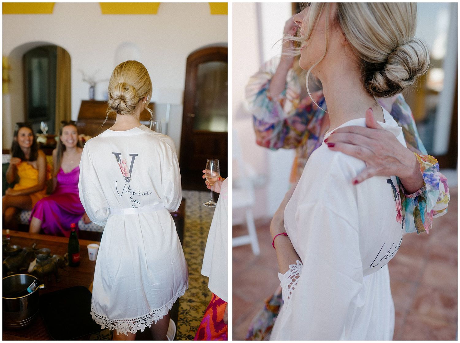 Elegant white silk bridal robe with embroidered monogram and delicate lace trim shown from two different angles.