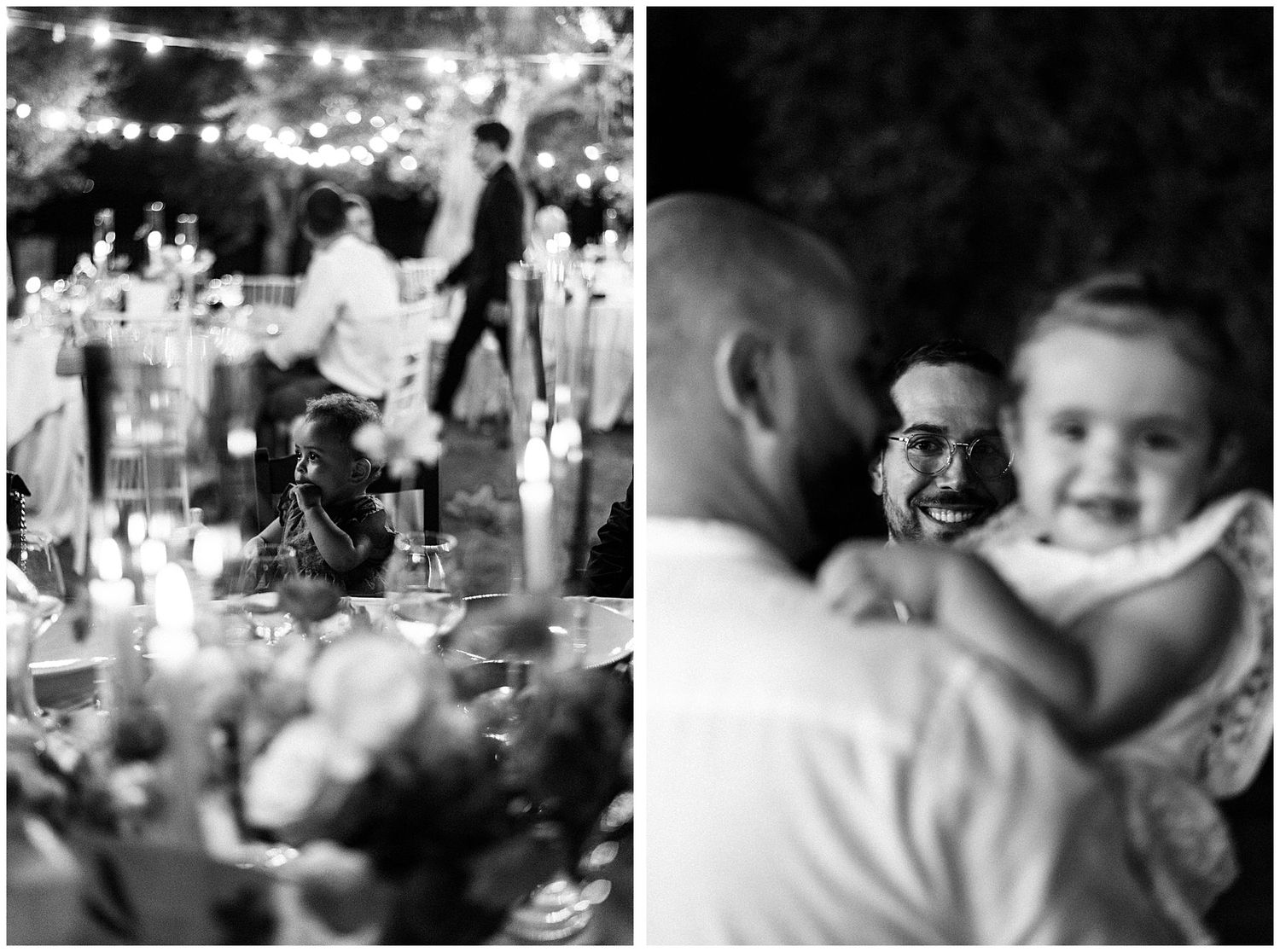 Black and white reception photos capture intimate moments at a wedding celebration.
