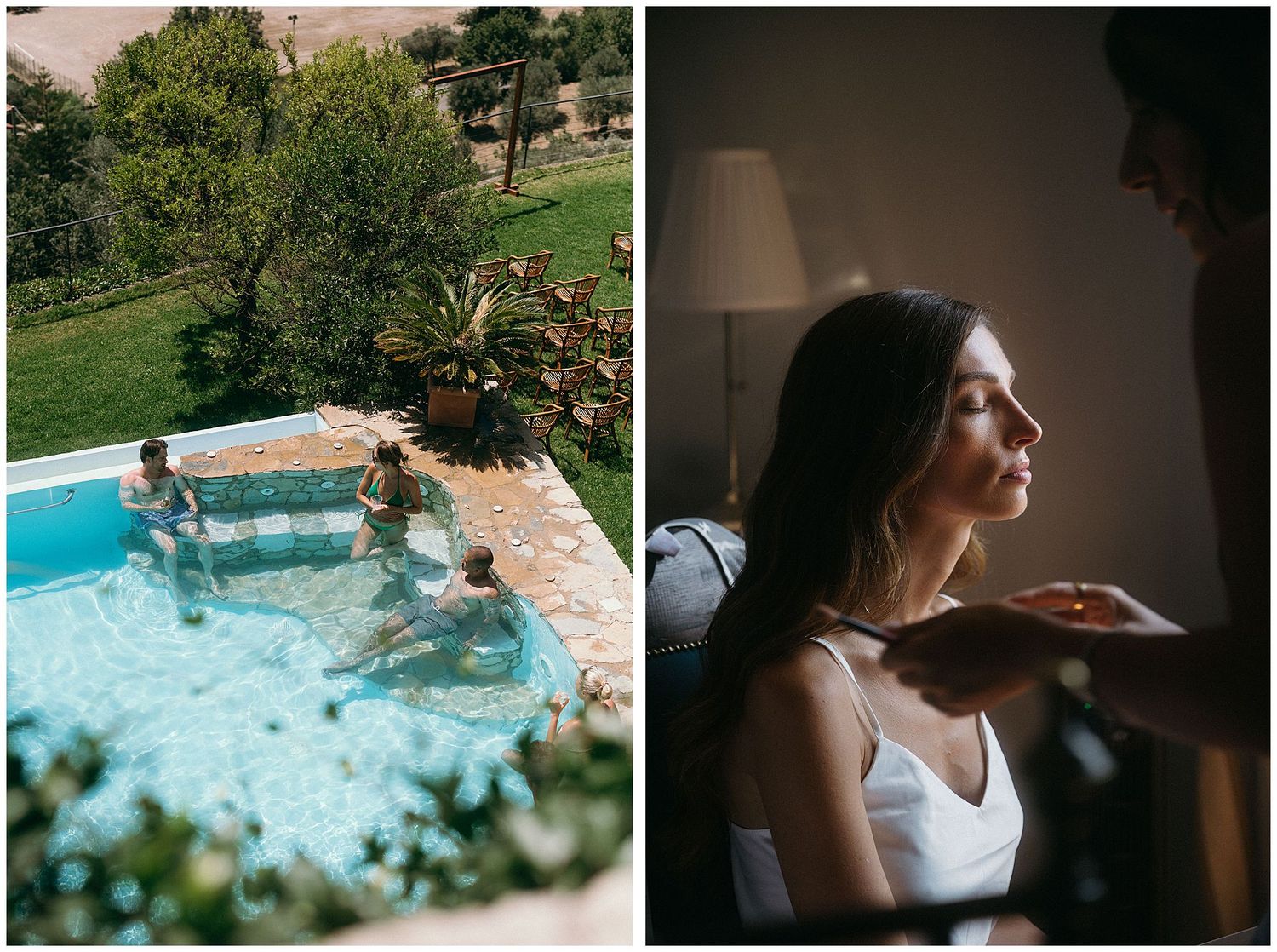 Scenic aerial view of a blue swimming pool surrounded by lush trees and gardens, next to a peaceful figure by window.
