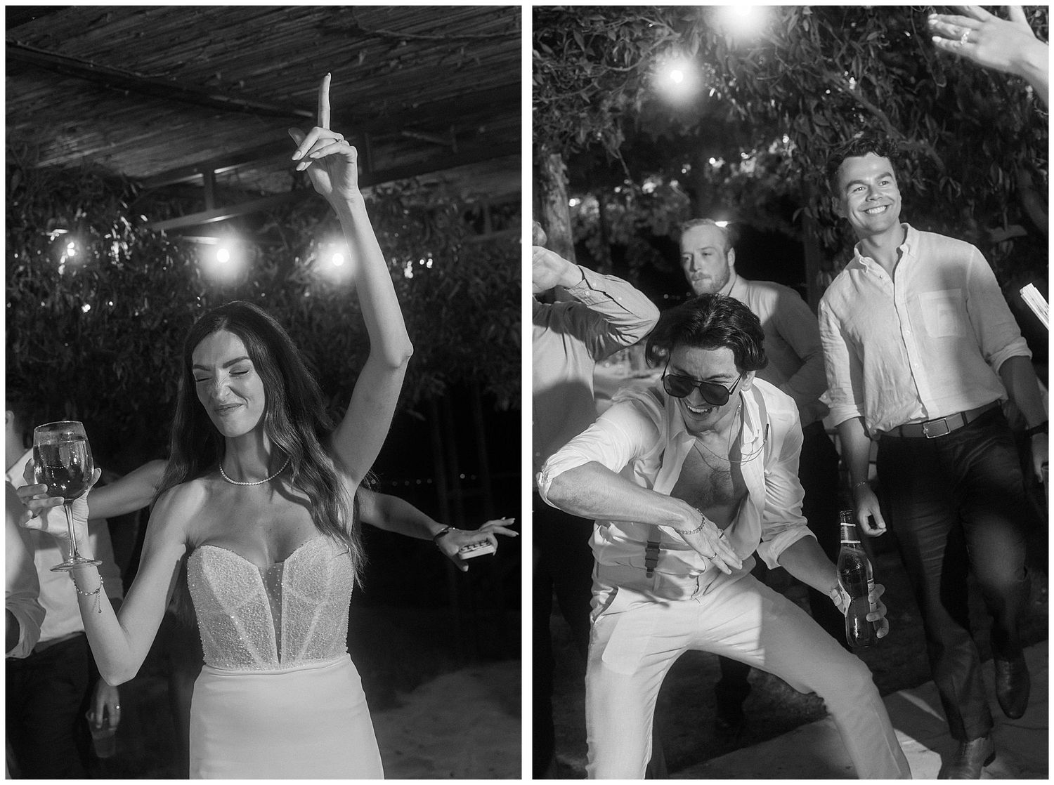Black and white photos of wedding party dancing and celebrating at a reception.