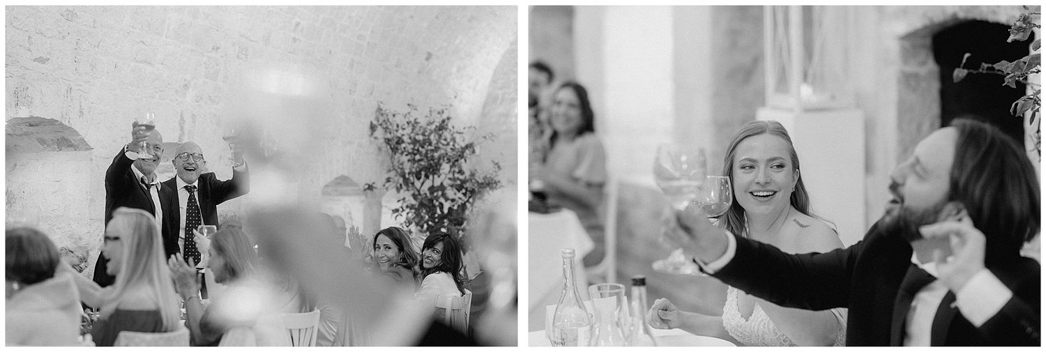 Black and white split image shows candid moments at an elegant wedding reception with people seated at tables.