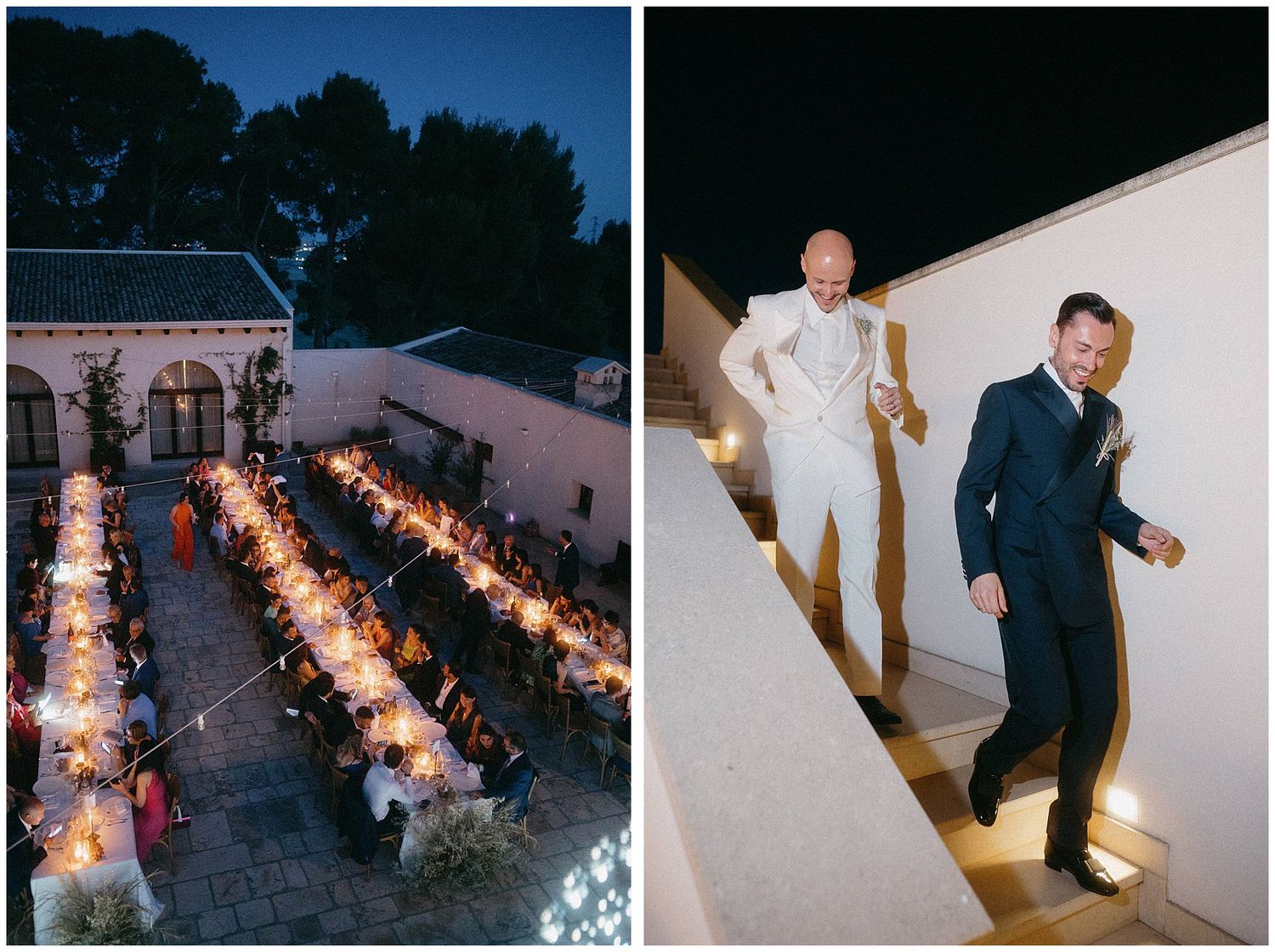 Long reception tables illuminated by string lights at an outdoor wedding venue and celebratory dancing on stairs in evening.