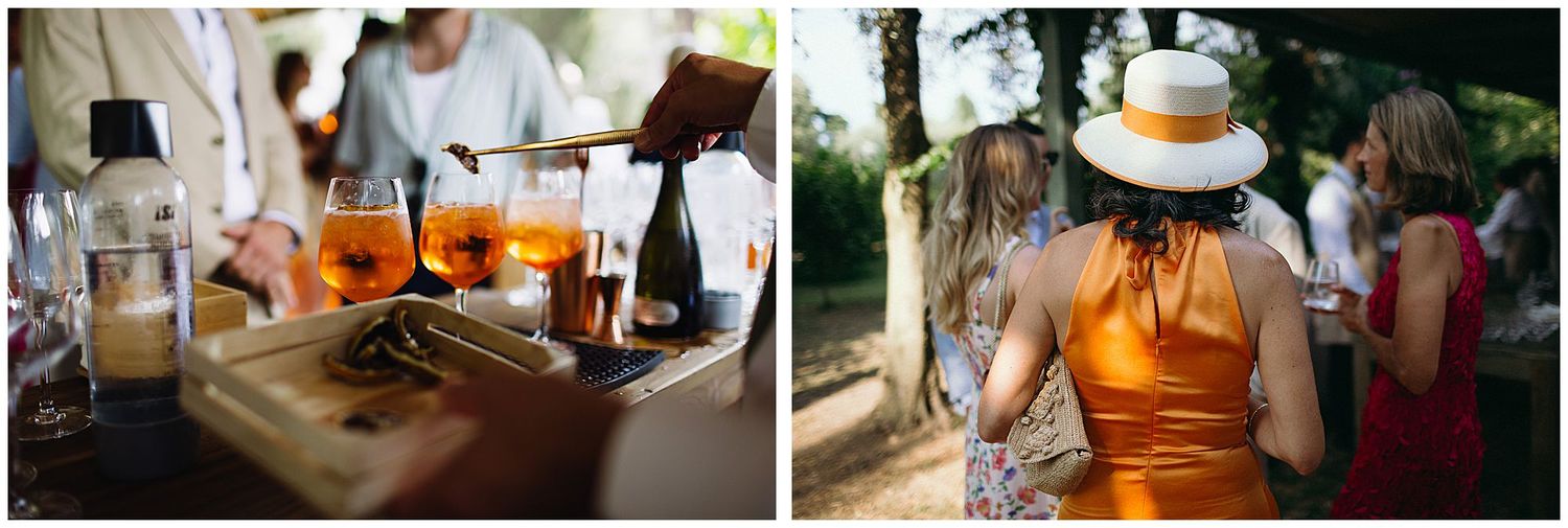 Two side-by-side scenes showing craft cocktail preparation and people enjoying drinks at an outdoor summer party.