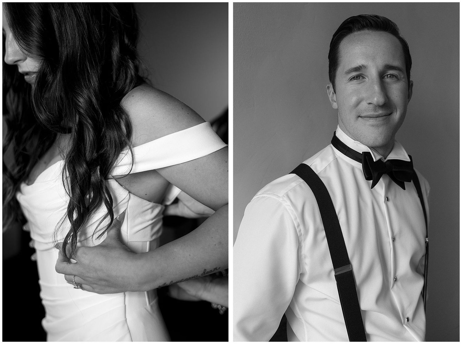 Black and white portrait series showing person in white collared shirt and black tie in different cropped poses and angles.