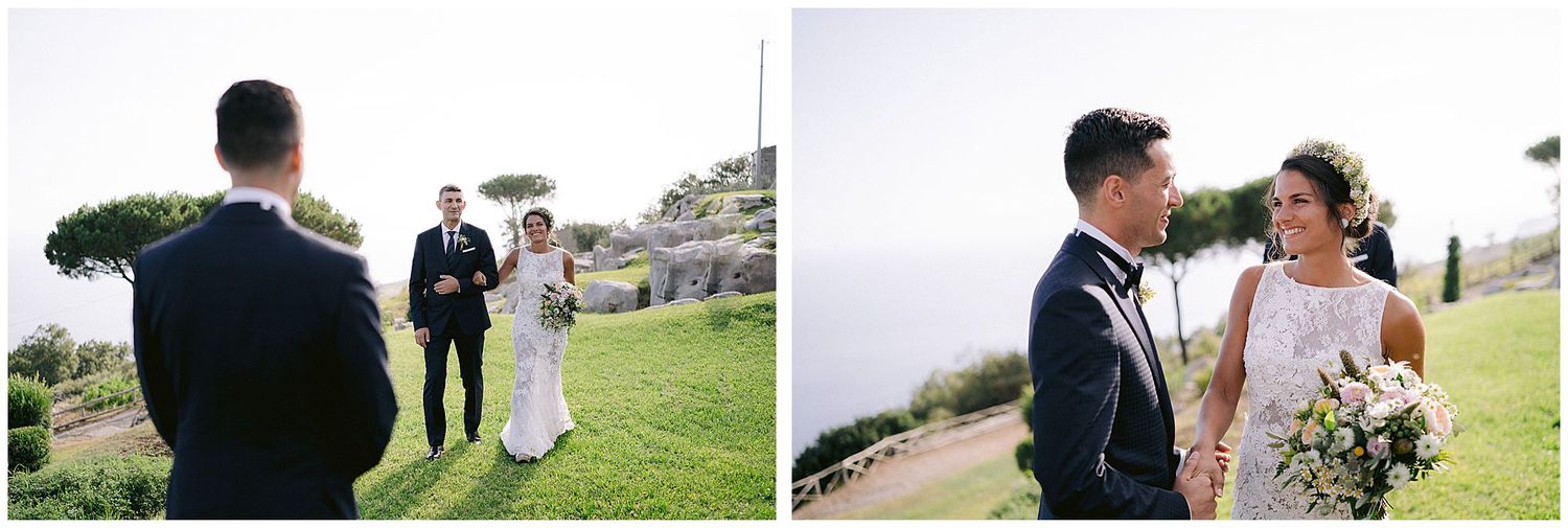 A collection of wedding photography moments showing couples outdoors in romantic settings and candid poses.