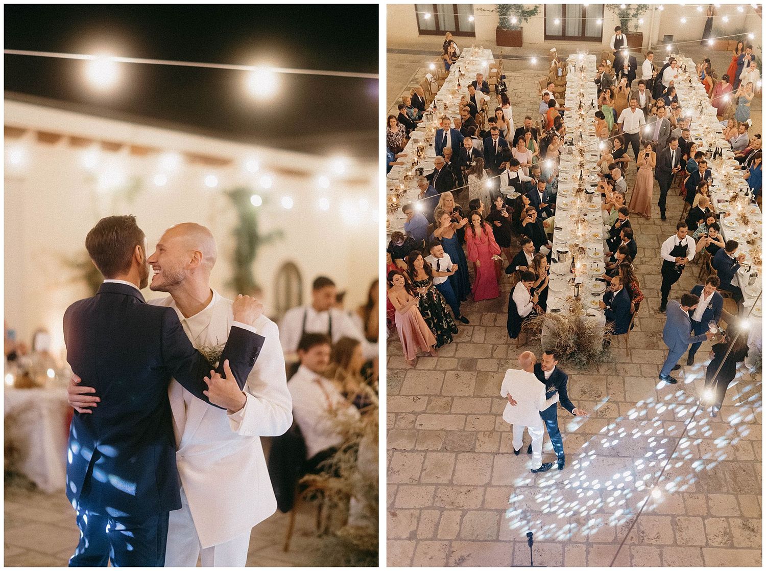 A couple dancing at a reception hall with string lights and guests watching from above.