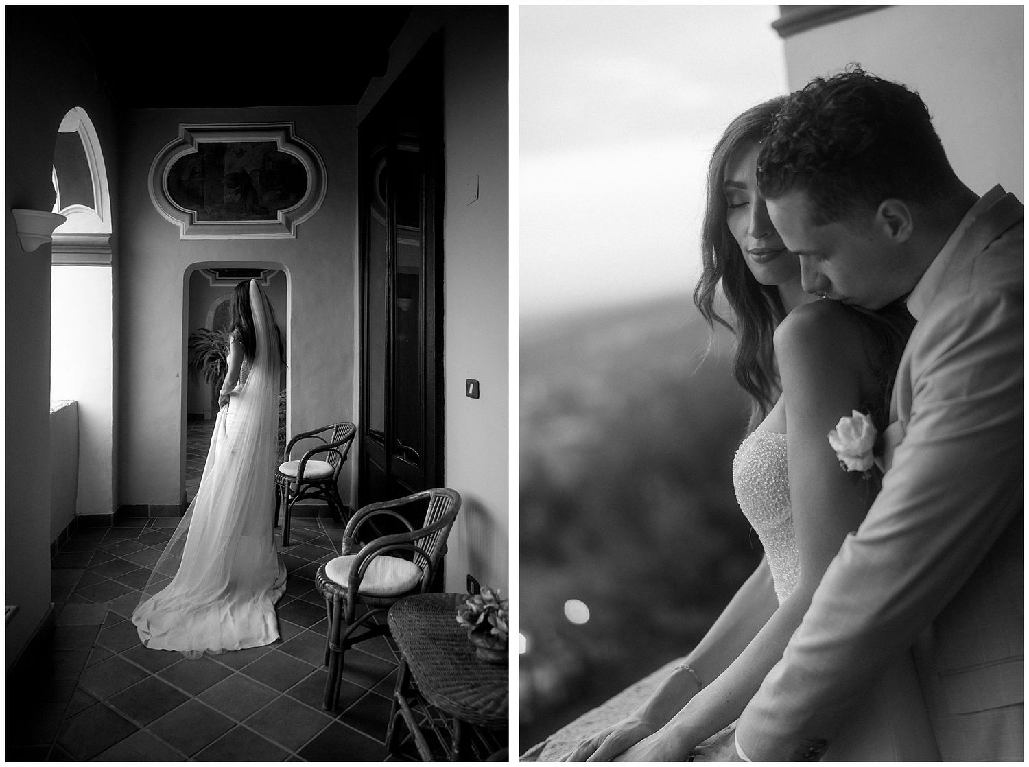Classic black and white wedding photos showing bride in elegant gown and intimate moment of couple on balcony.