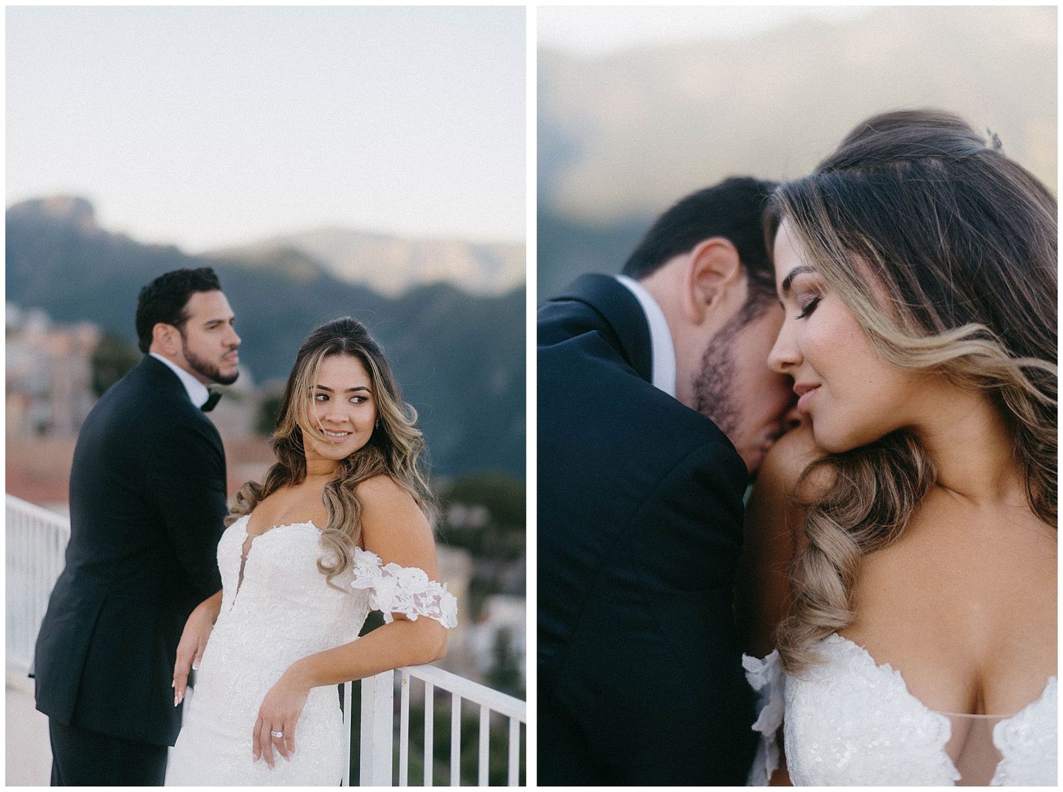 Romantic wedding couple embraces on balcony during sunset with mountain views in background.