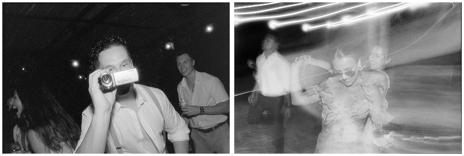 Grainy black and white film photos show two blurry subjects at a party scene with motion blur effect.