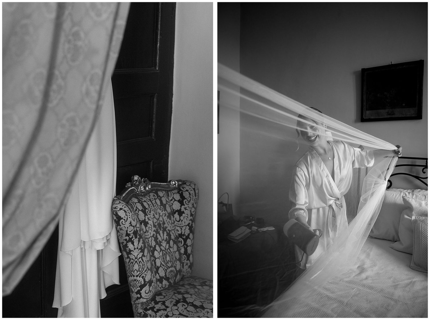 A black and white diptych showing a peeling wall texture and a bright window with billowing curtains in a bedroom.