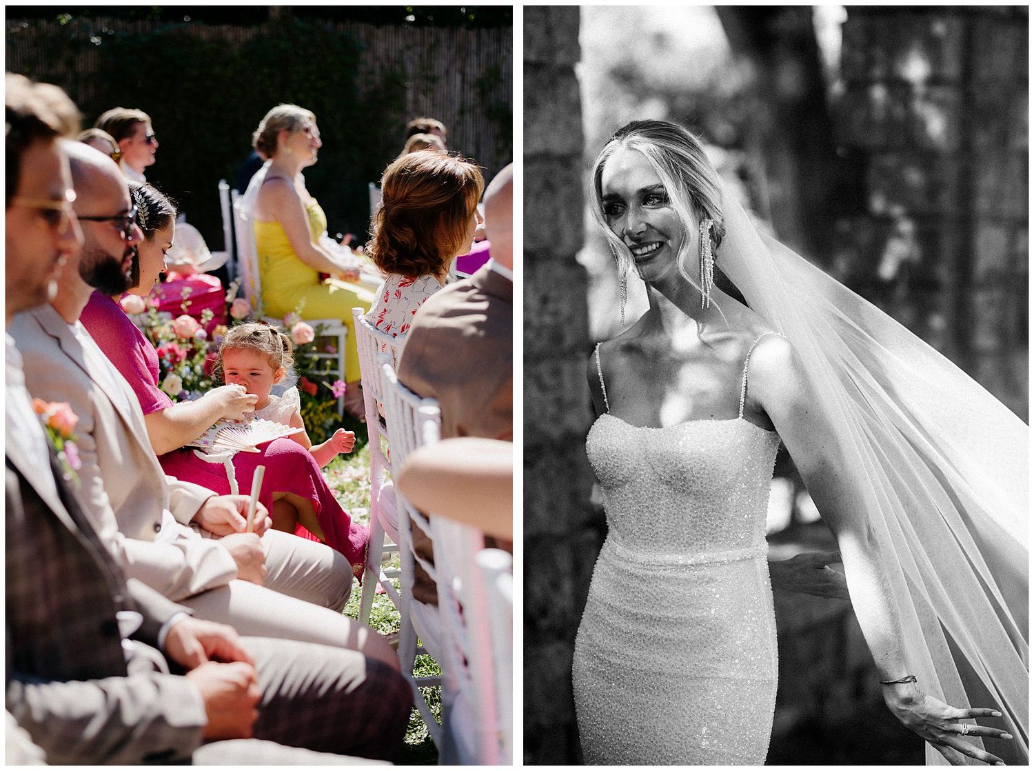Wedding guests enjoy outdoor celebrations with pink flowers while a bride poses separately in an elegant gown with veil.