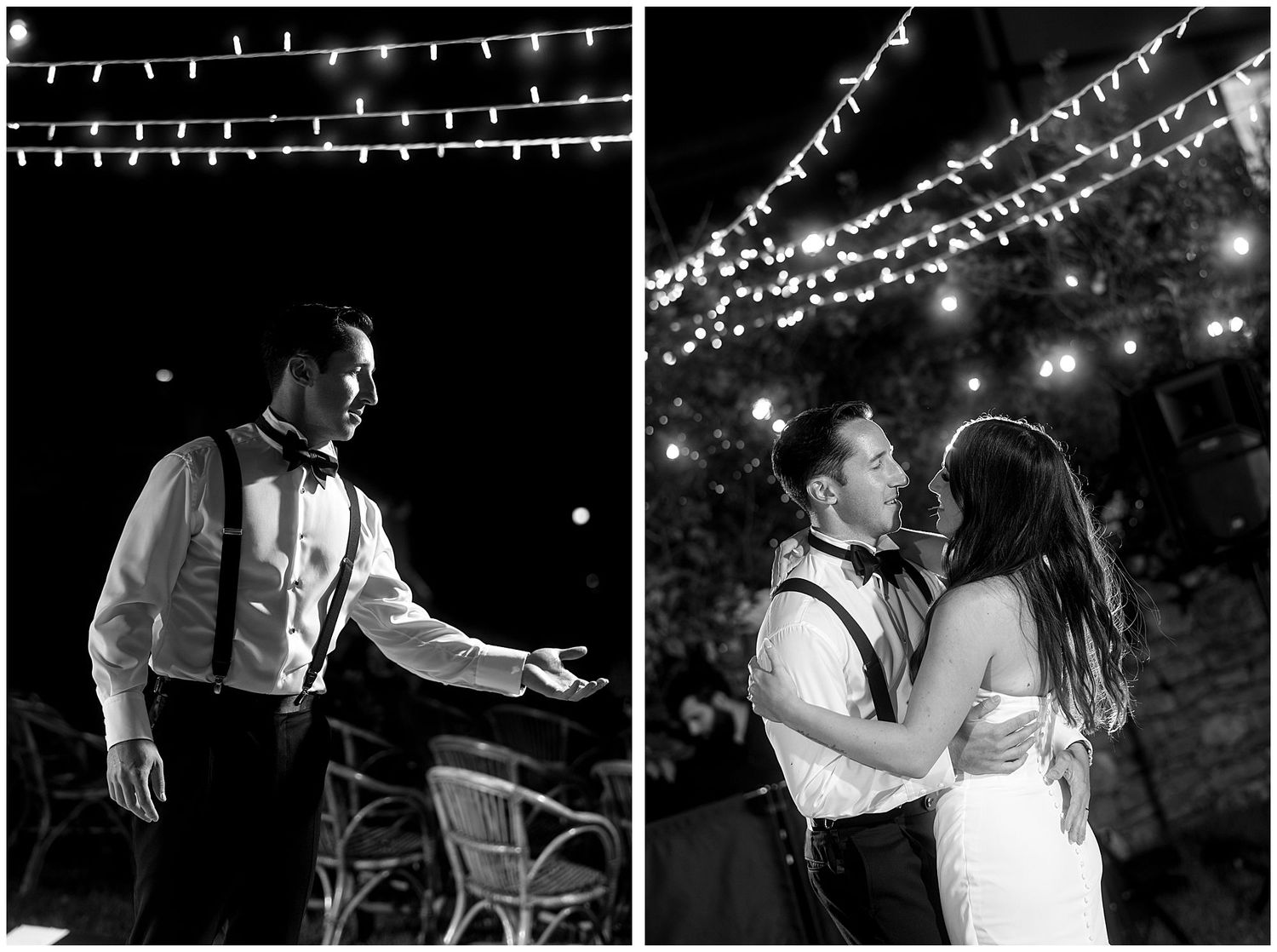 String lights create a romantic ambiance at an outdoor evening wedding reception with couples dancing.