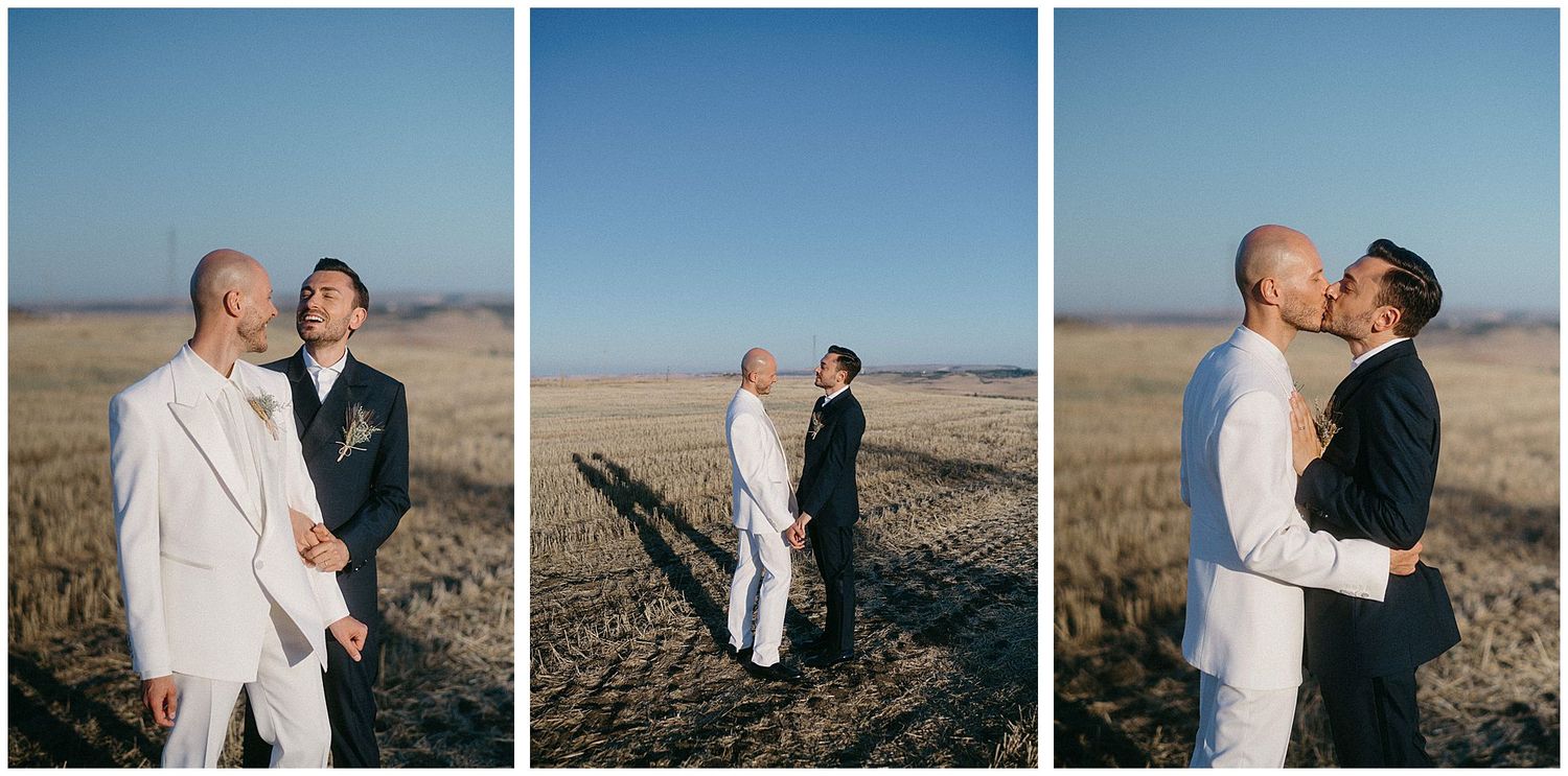 Two people share romantic moments on a desert landscape in a three-panel wedding photo series at sunset.