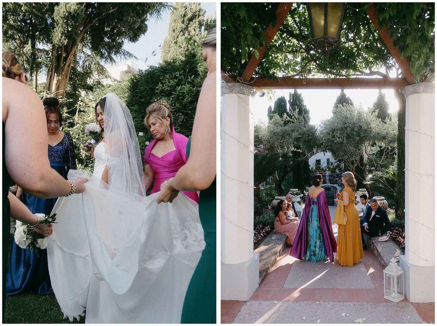 Wedding party in colorful dresses gathers for outdoor ceremony at garden venue with lush greenery and stone archway.