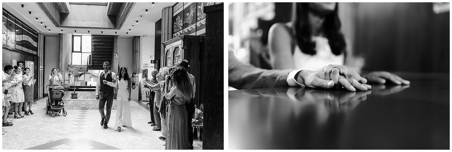 Black and white wedding moments captured in candid documentary style.
