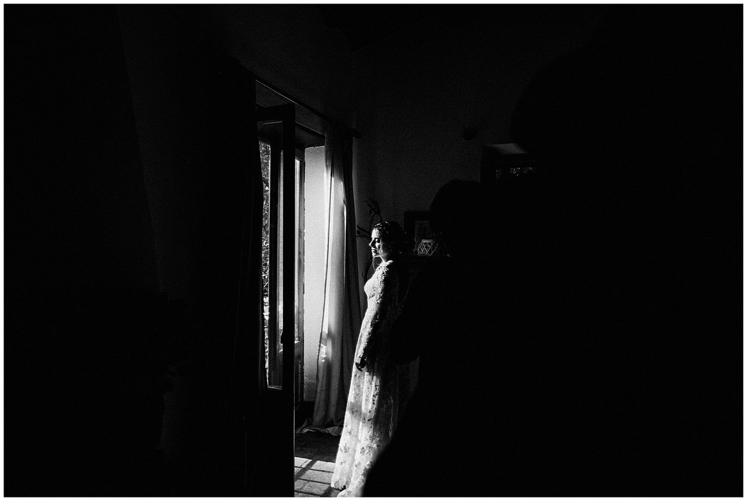 A dramatic film noir series of black and white photographs showing a figure silhouetted in doorways and corridors.
