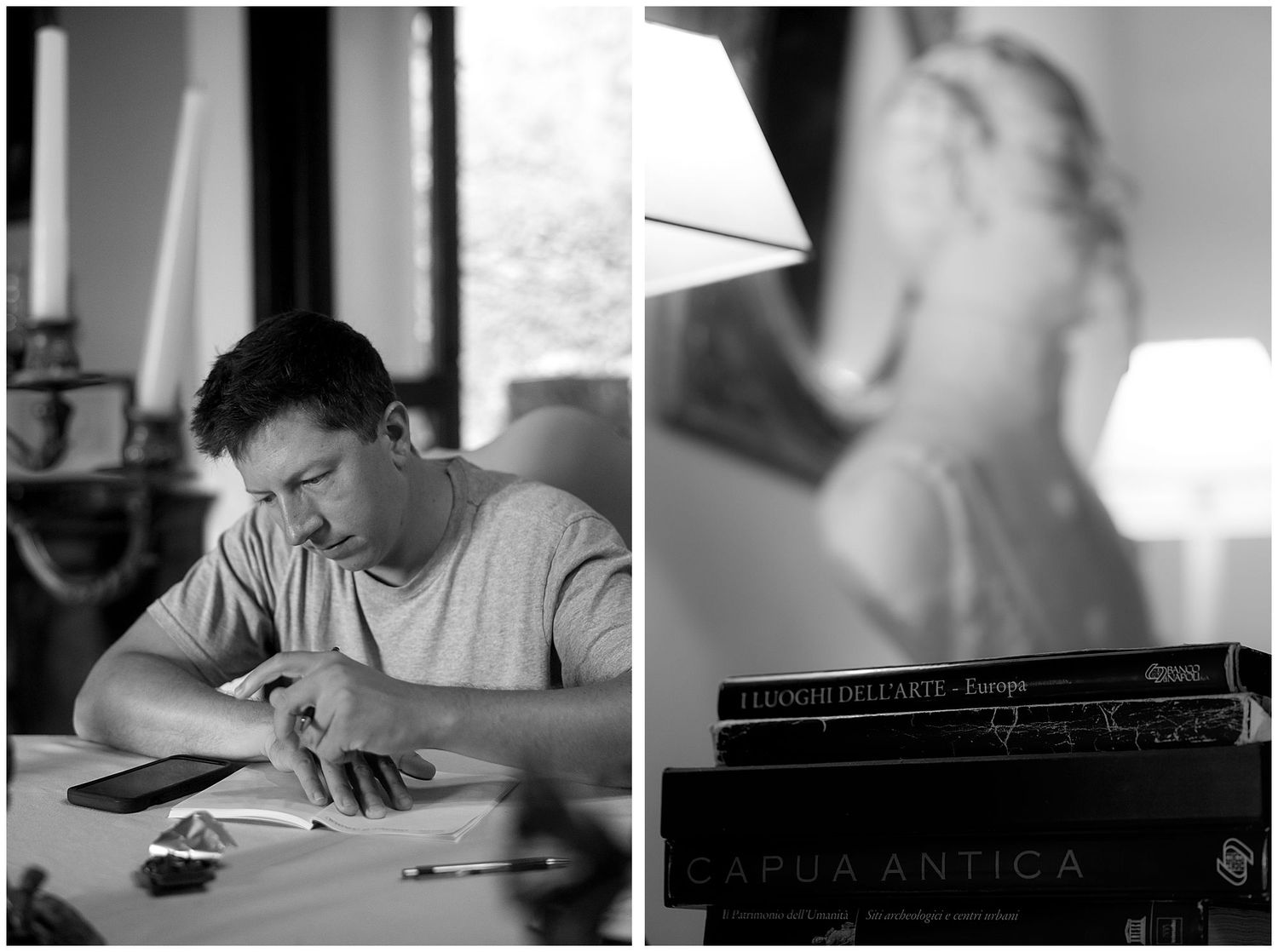 A series of black and white photographs showing students studying and writing at their desks throughout different times.