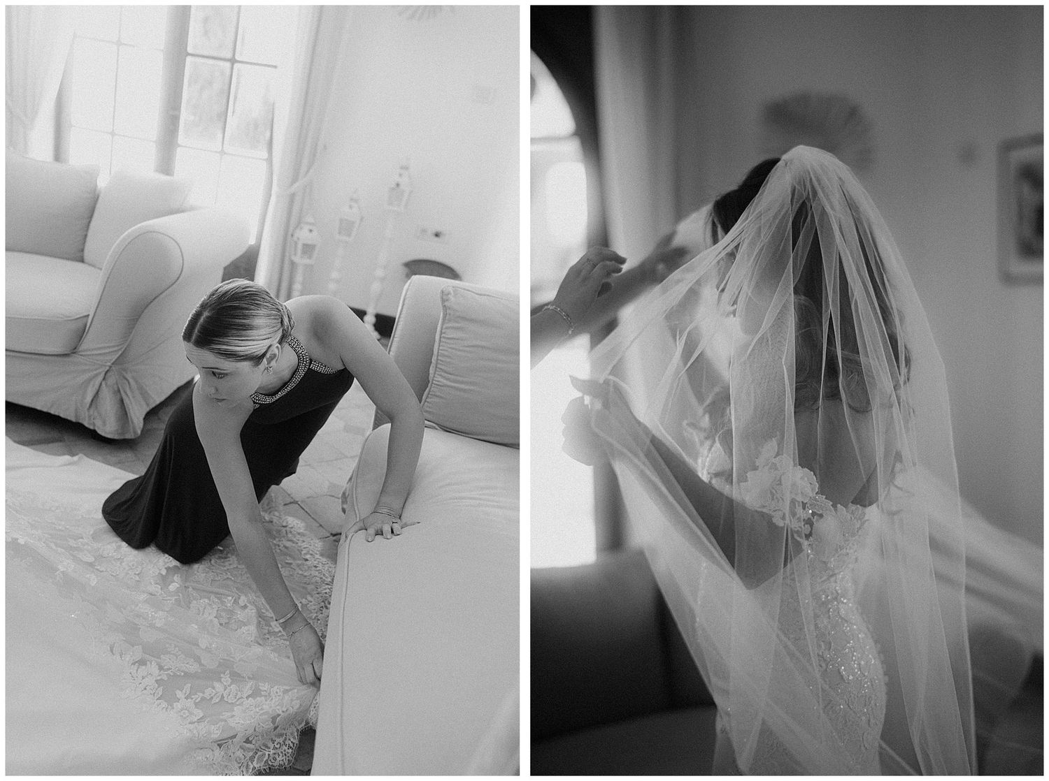 Black and white photos showing intimate wedding preparation moments with a bride getting ready in two side-by-side shots.