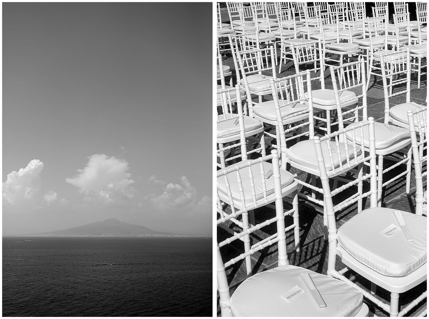 Black and white diptych contrasting calm ocean horizon with rows of empty white wooden chairs.