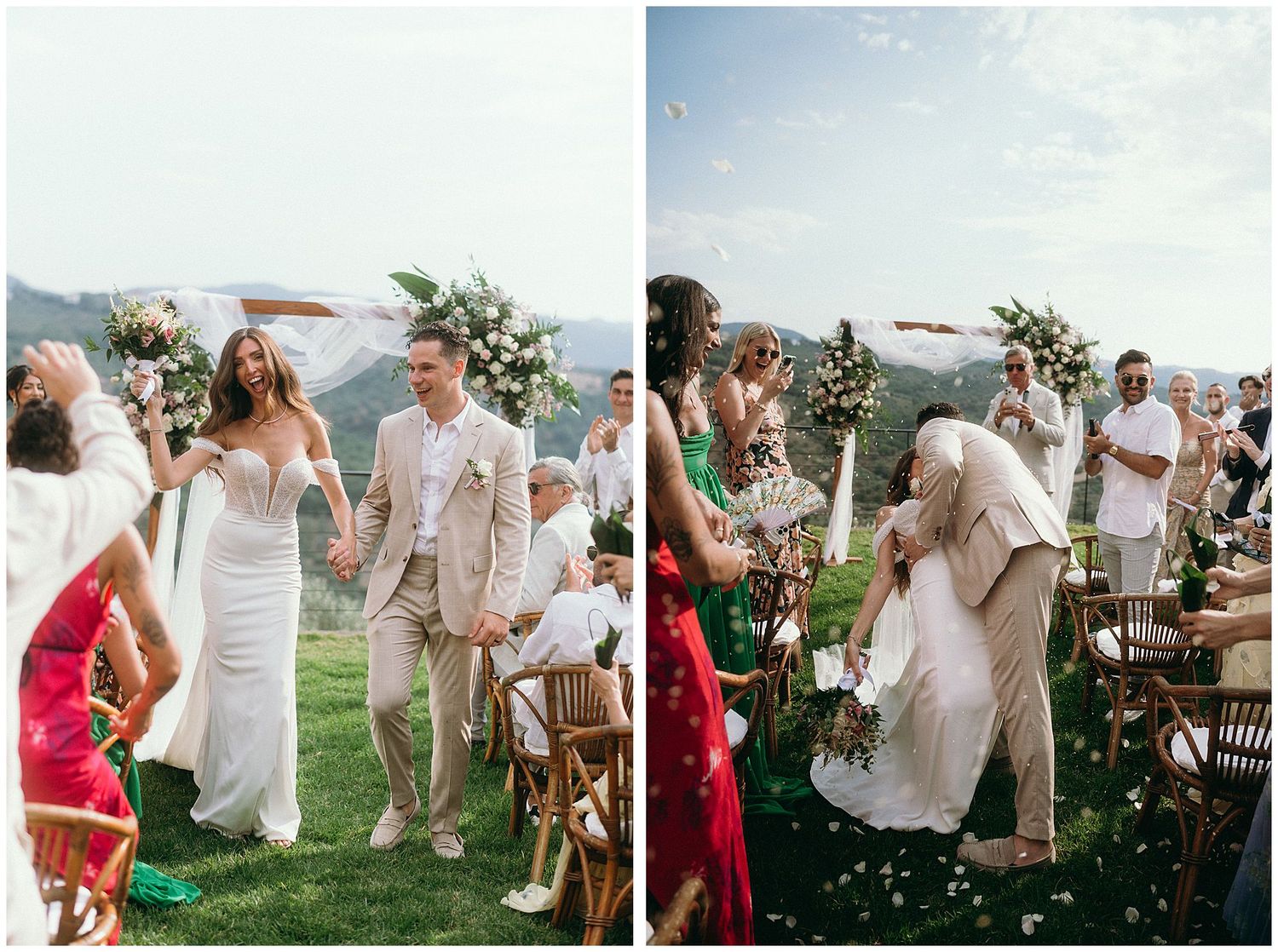 Wedding couple celebrating on a scenic mountain terrace venue with floral decorations and guests during sunset ceremony.