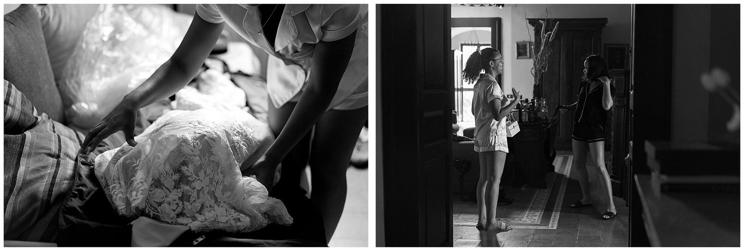Dramatic black and white images showing medical procedure and silhouettes in hallway.