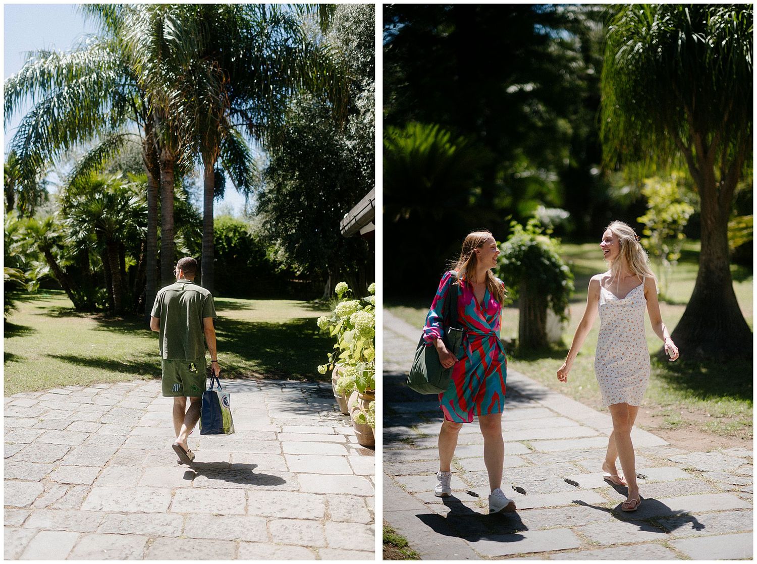 A series of sequential photos showing a surprise proposal moment in a sunlit garden walkway.