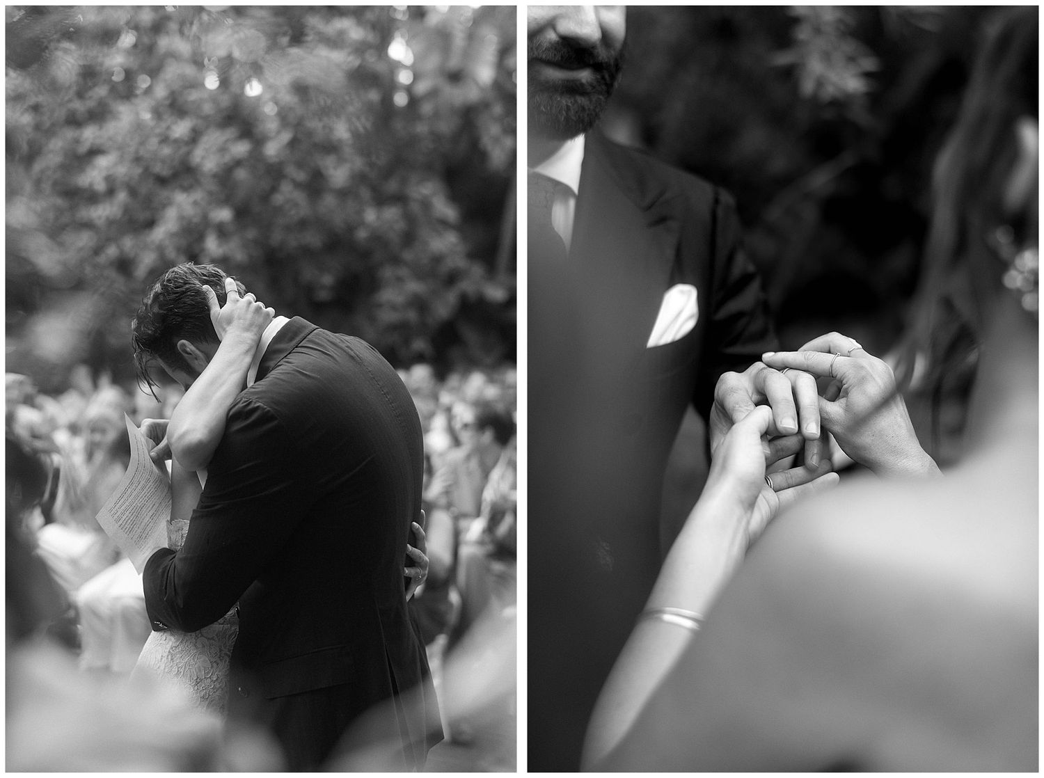 Black and white diptych capturing intimate wedding moments including a heartfelt embrace and close-up of clasped hands.