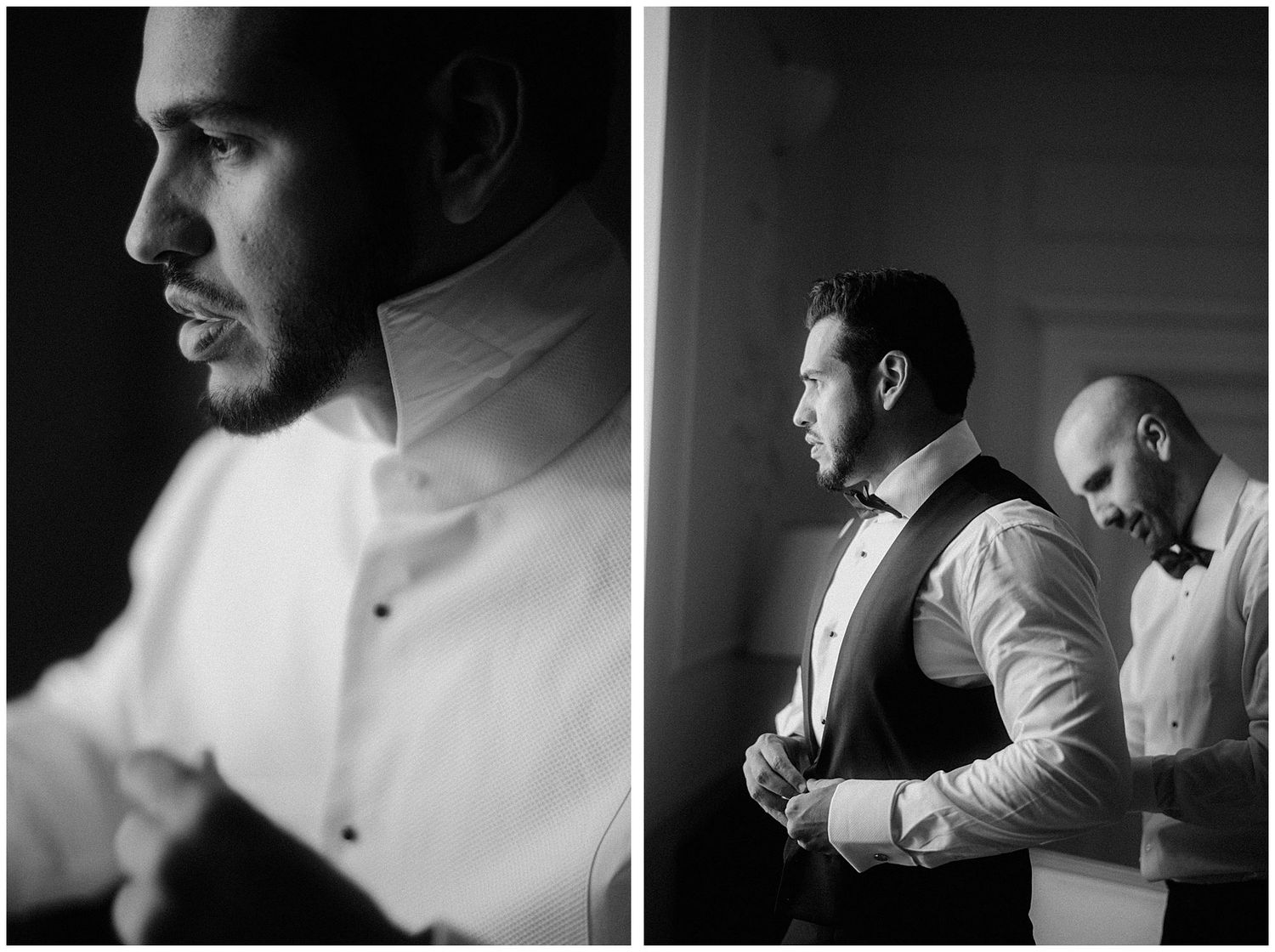 Classic black and white wedding photography shows groomsmen dressed in formal attire preparing for ceremony.