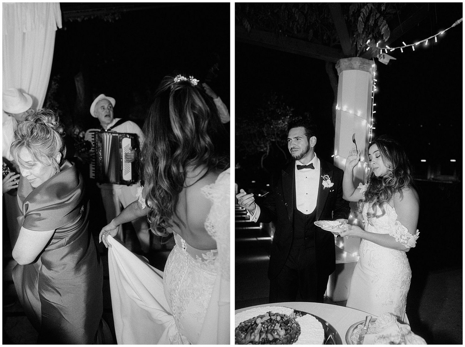 Black and white candid dance photos from an elegant wedding reception celebration.