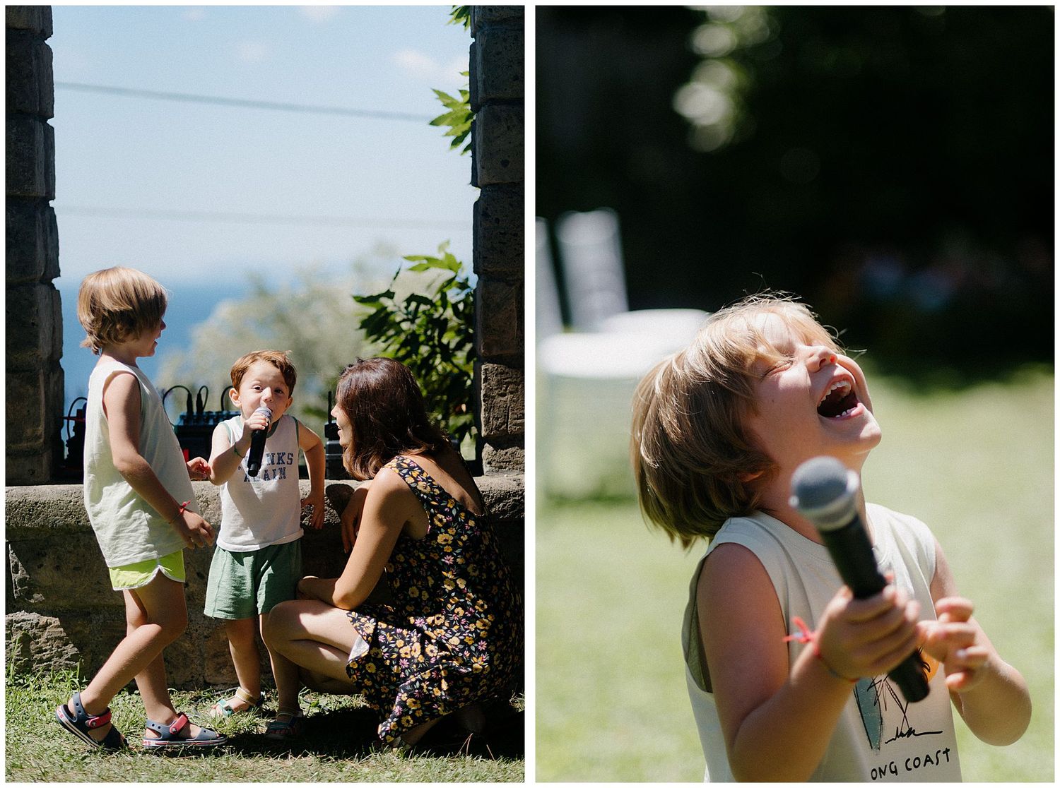 Children play together on a sunny day outdoors while blowing bubbles and having fun in the garden.