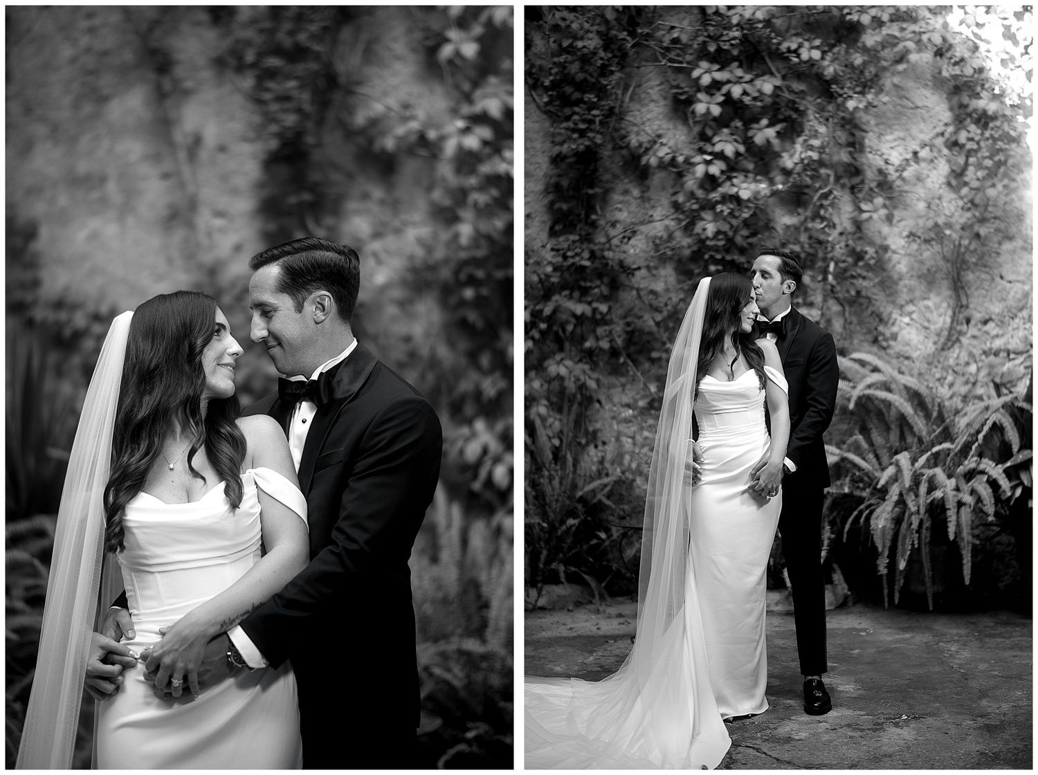 A wedding couple shares tender moments together in a black and white photo collage sequence showing their romantic embrace.
