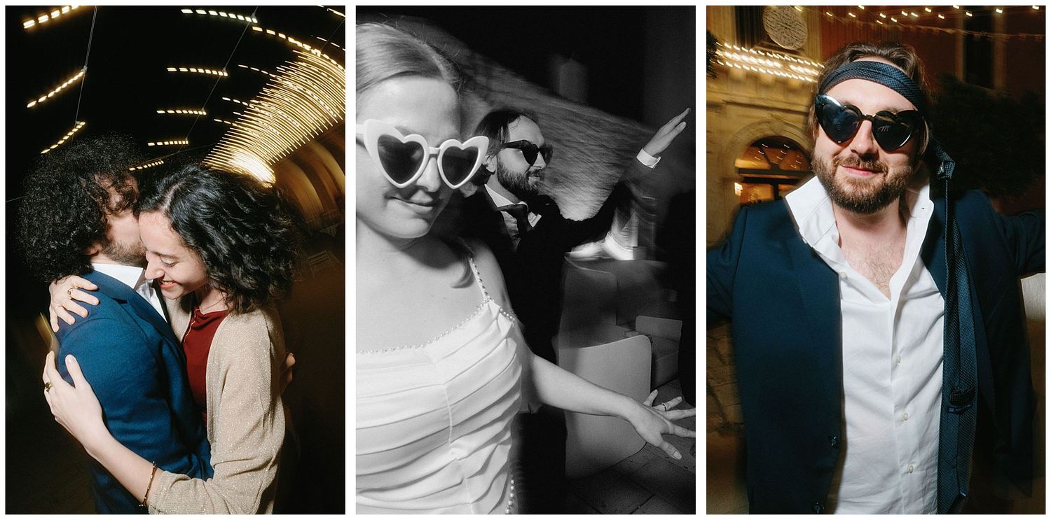 Three candid photo collage captures couples and friends celebrating in urban nighttime venue.