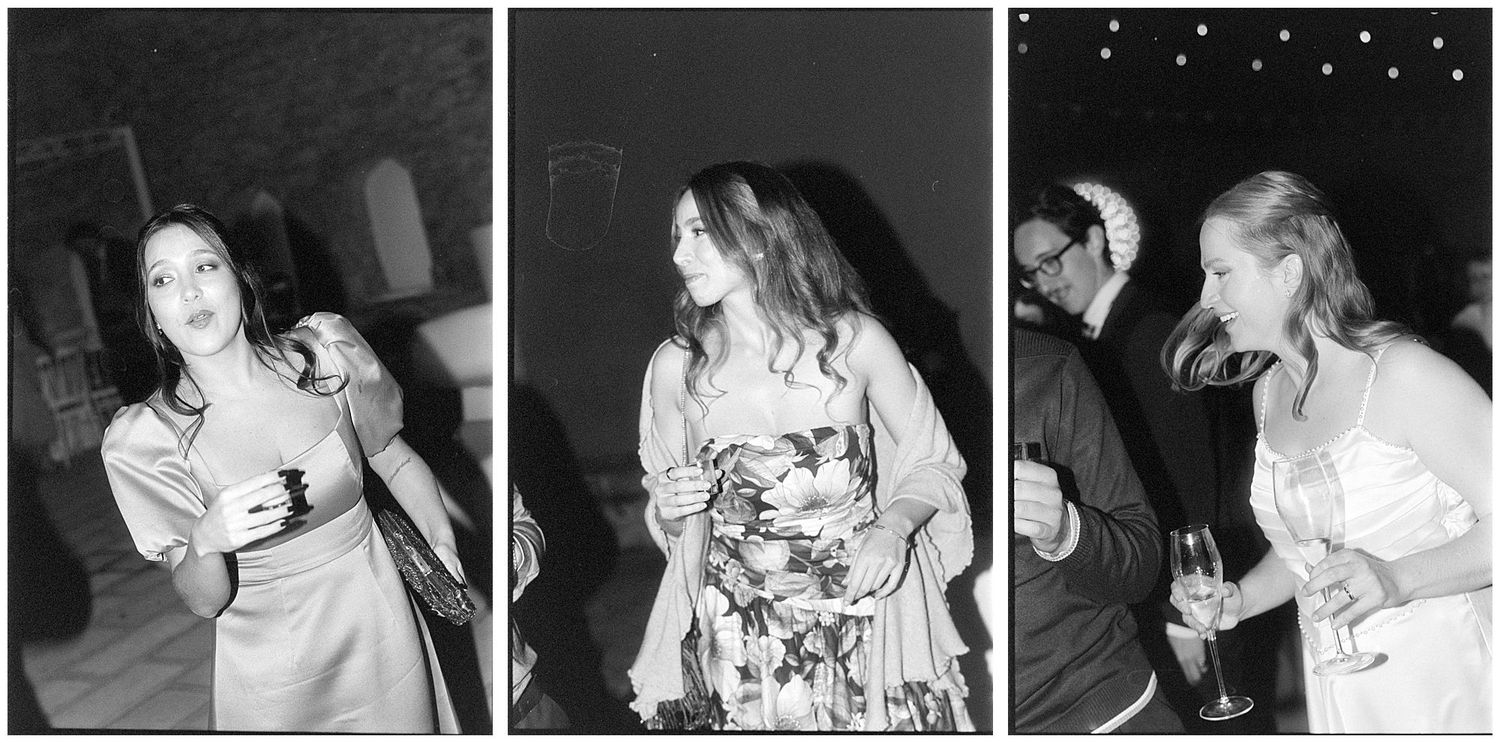 Three vintage black and white film photos show women dancing at a party in retro fashion.